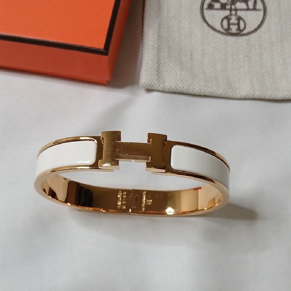 Hermes Gold-Tone and White Enamel Clic H Bracelet - Picture 2 of 4